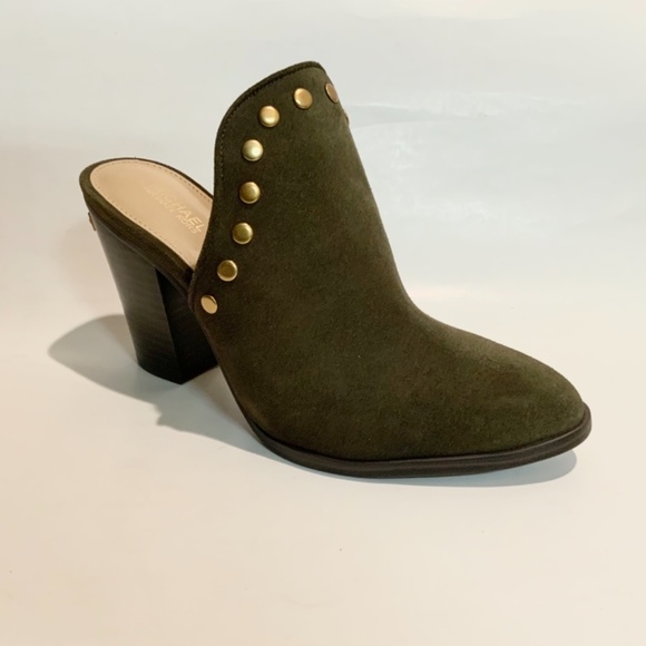 Michael Kors Louise Suede Mules Olive Studded Stacked Block Heel Slip On Clog - Picture 9 of 15
